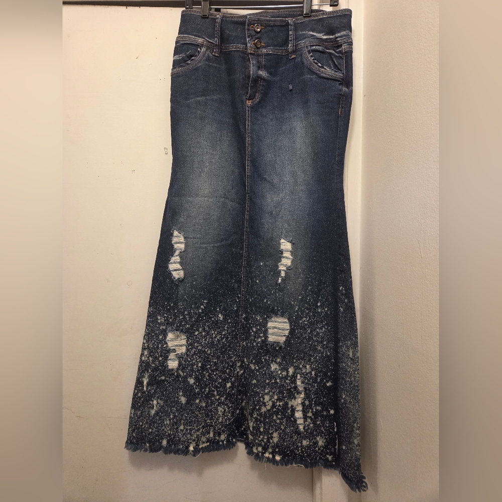 Style & Co. Dark Blue Distressed Maxi Skirt with Splatter Detail
